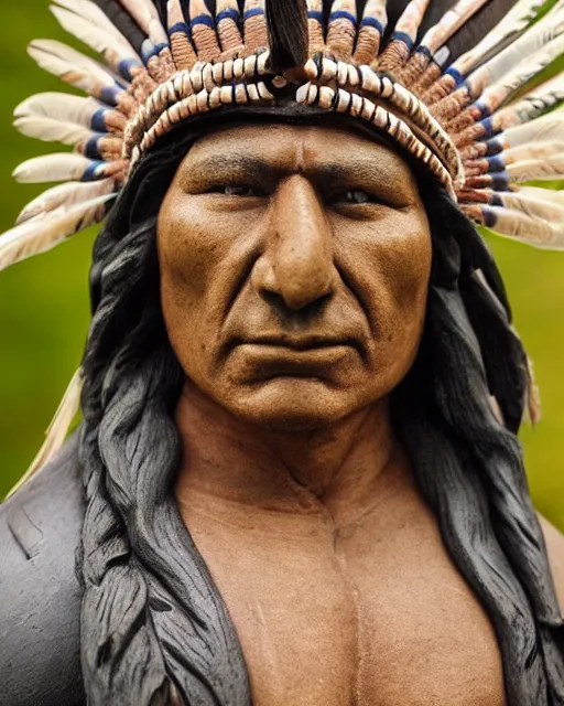 Prompt: bust of a native american man with full head dress, clay sculpture, photograph, photo realistic