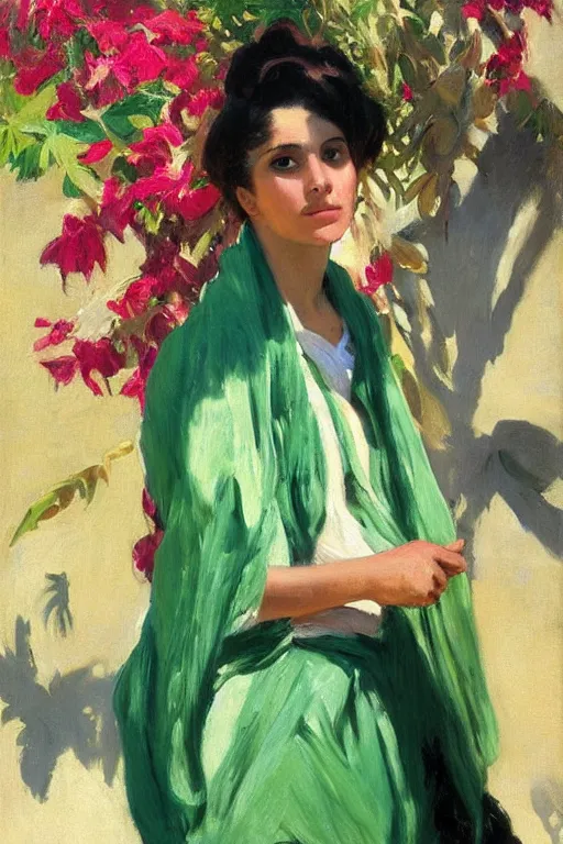 Image similar to portrait of persian girl with arabesque green scarf near bougainvillea and mexican fan palms, painting by john singer sargent