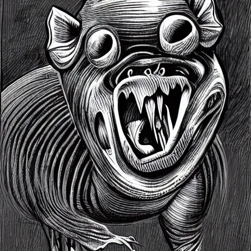 Prompt: A portrait of a furious screaming zombie pig. by H.R. Giger