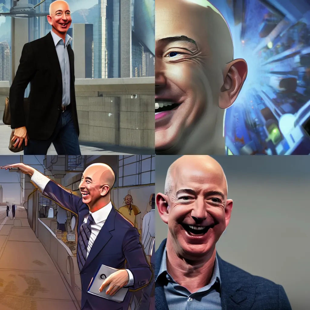 Prompt: jeff bezos laughing on his way to the bank, artstation, 8k, zoomed out