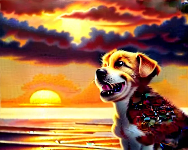 Image similar to a cute smiling puppy with its eyes shut on a very windy day, at the sea, wind blowing through its fur, strong wind, closed eyes, highly detailed, hyperrealistic, intricate, sunset in the background, rays of golden red sunlight, oil painting by greg rutkowski and artgerm and wlop