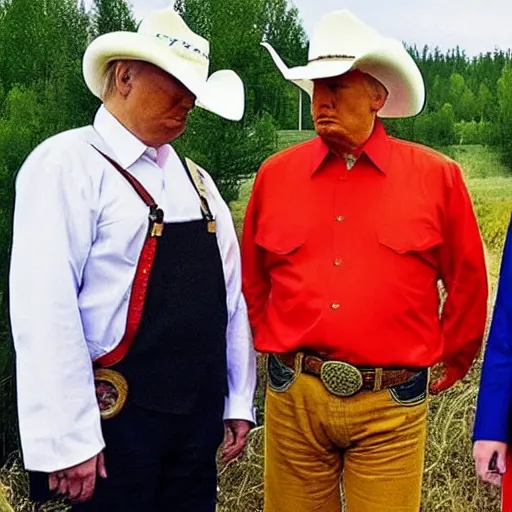 Prompt: “Xi Jinping, Donald Trump and Vladimir Putin wearing cowboy costumes while working on a farm in Montana, under Joe Biden’s command”