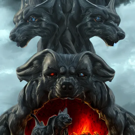 Image similar to cerberus overlooking the gates of hell, digital art, trending on artstation, award winning art, 8k