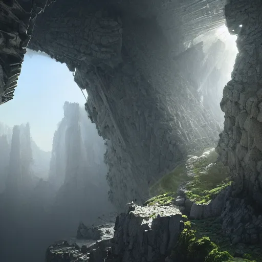 Image similar to tectonic organic mystical megastructure crystal architectures, by albert bierstadt, by glen small, by giovanni battista piranesi, photorealistic, god rays, octane render, depth of field, volumetric light, volumetric fog, holy spirit