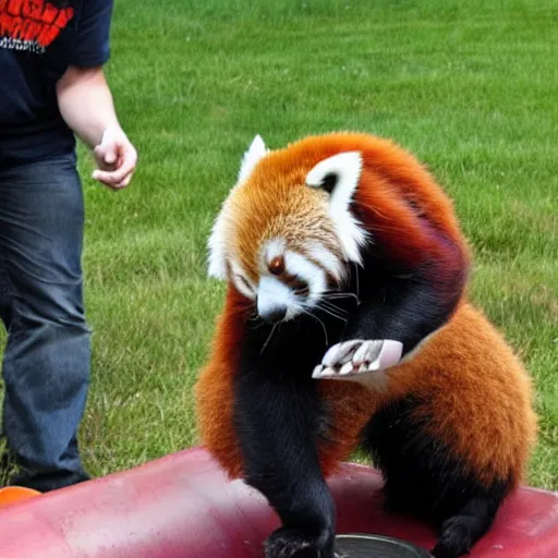 Image similar to a red panda doing a keg stand