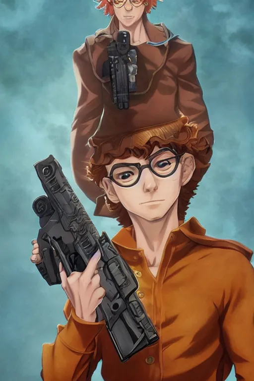 Image similar to scooby doo holding a gun, character art portrait, anime key visual, official media, illustrated by tom bagshaw, wlop, kentaro miura, extremely detailed, 8 k, trending on artstation, cinematic lighting, beautiful