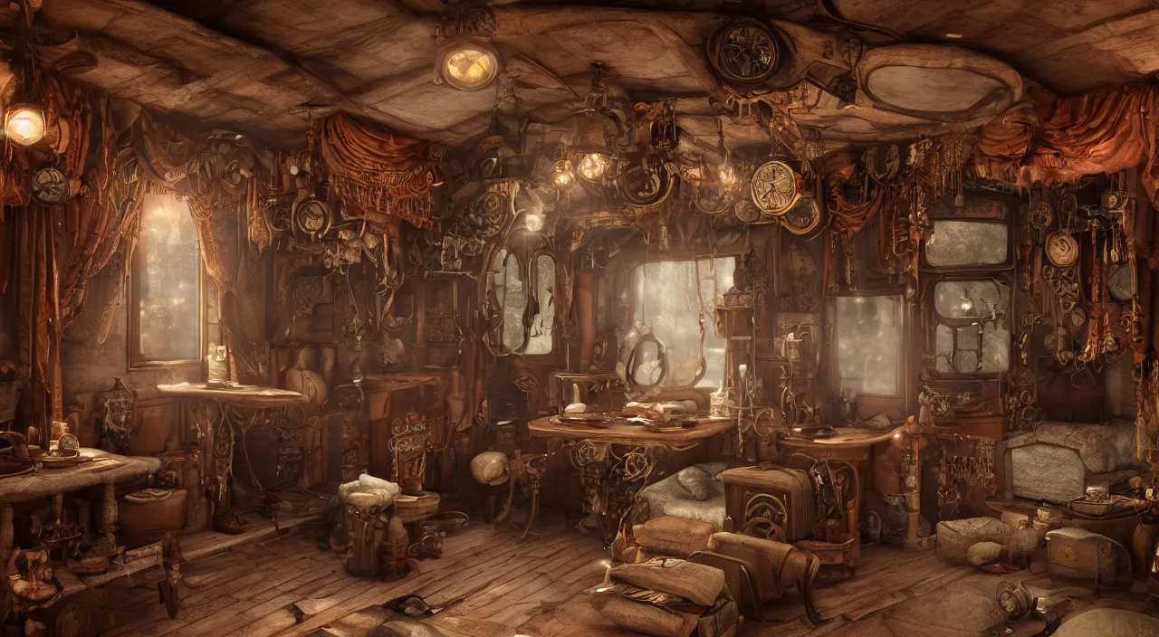 Image similar to interior of a traditional gypsy caravan, steampunk, octane render, trending on artstation