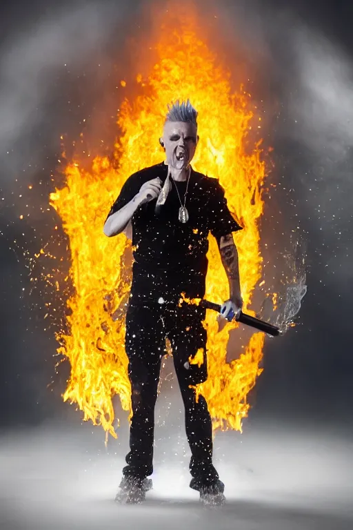 Prompt: scooter rapper baxxter with white hair standing in water shouting in the microphone with explosion and flames in background, full body, white shirt, black pants, reflection in water, volumetric lighting, detailed eyes, dynamic pose, golden ratio