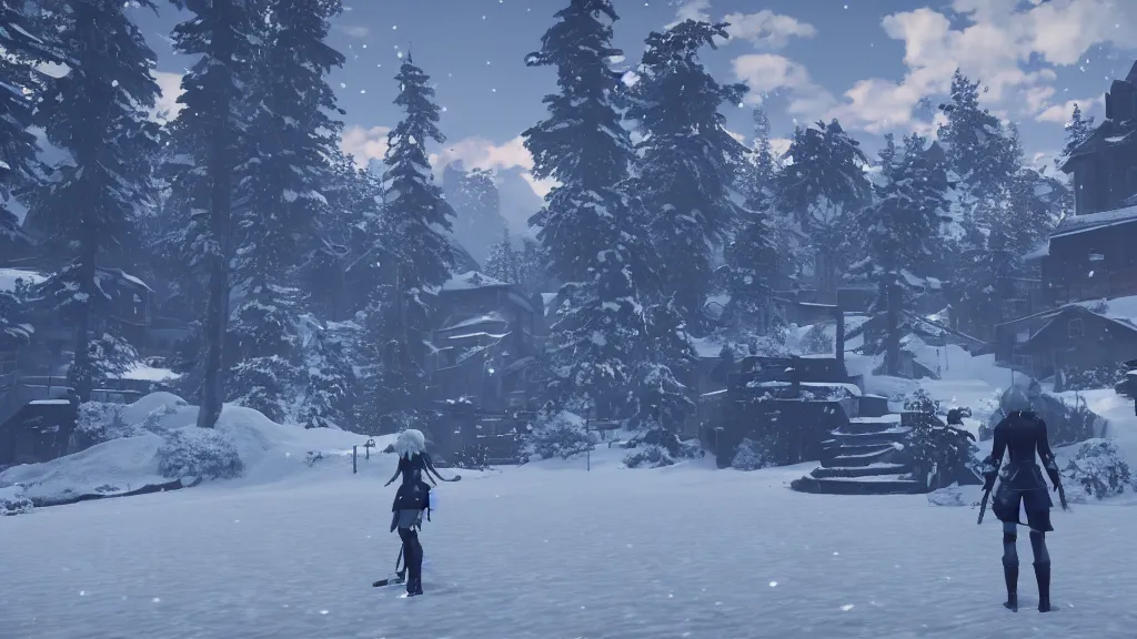 Image similar to Screenshot from Nier Automata, beautiful landscape at a ski resort