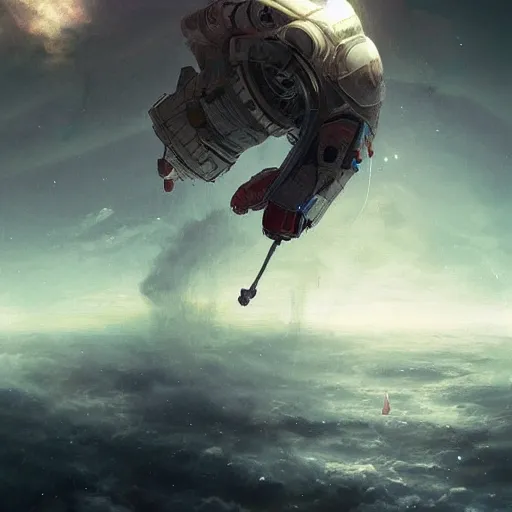 Image similar to dead astronaut falling through the clouds in jupiter, by cedric peyravernay, highly detailed, excellent composition, cinematic concept art, dramatic lighting, trending on artstation