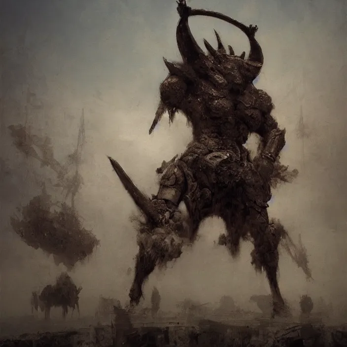 Image similar to minotaur in ancient armor concept, beksinski, ruan jia, trending on artstation