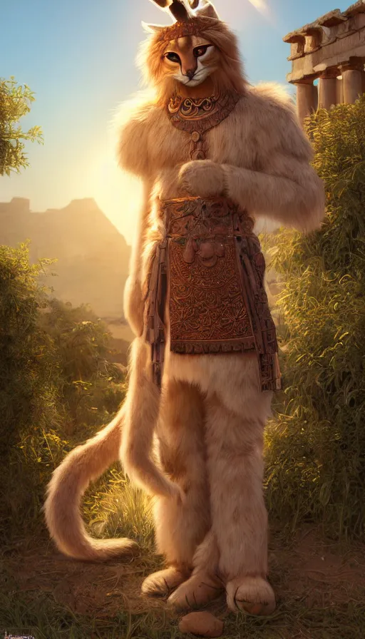 Image similar to fullbody photo of humanoid cute fluffy caracal dressed as alexander the great, sun behind him, ancient greek city, sunny day, by ilya kuvshinov, rtx rendering, octane render 1 2 8 k, maya, extreme high intricate details by tom bagshaw, medium shot, close up shot, composition by sana takeda, lighting by greg rutkowski