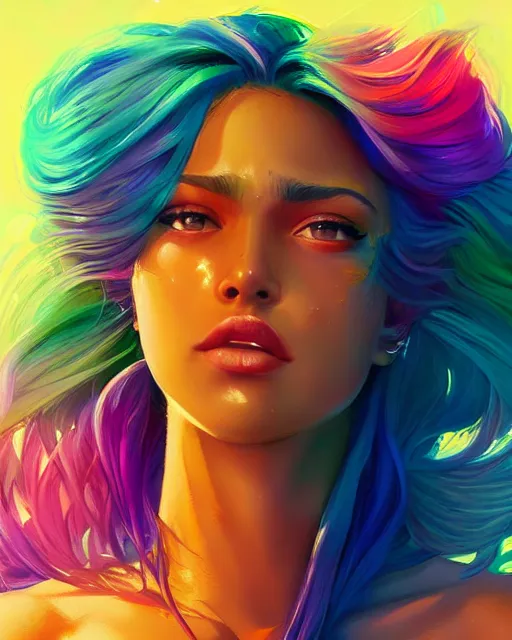 Image similar to summer vibes, beautiful sun tanned goddess portrait, flowy rainbow hair, sun, summer, cinematic lighting, highly detailed, digital painting, trending on artstation, pixiv, concept art, sharp focus, illustration, art by ross tran and wlop