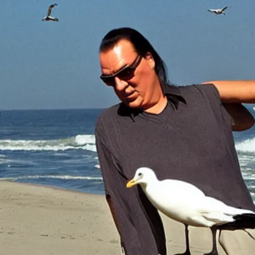 Image similar to a photo still of steven seagal as a seagull at the pier next to the ocean, anthropomorphized