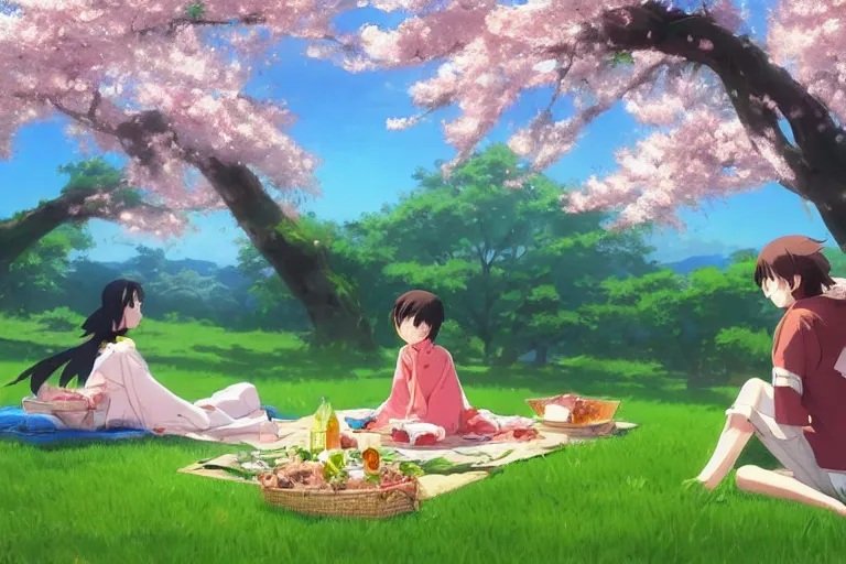 Prompt: a boy and a girl picnicking under a Sakura tree on a hill. By Makoto Shinkai, Stanley Artgerm Lau, WLOP, Rossdraws, James Jean, Andrei Riabovitchev, Marc Simonetti, krenz cushart, Sakimichan, trending on ArtStation, digital art.