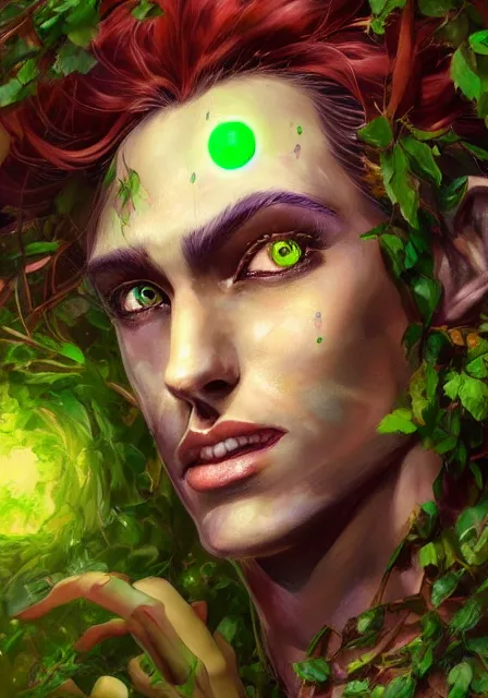 Prompt: A realistic anime portrait of a handsome dryad clown with glowing green eyes and tree bark skin wearing clothes made of leaves, digital painting, by Stanley Artgerm Lau, Sakimichan, WLOP and Rossdraws, digtial painting, trending on ArtStation, SFW version