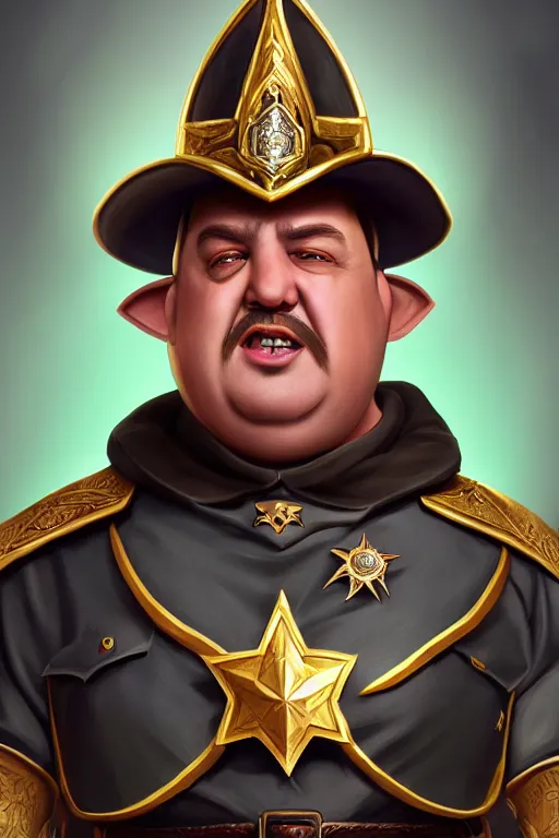 Image similar to high elf mall cop with a sheriff's badge that is fat, shifty, and incompetent, RPG portrait from the chest up, Oil Painting, hyperrealistic, Detailed Digital Art, dynamic lighting, Highly Detailed, Cinematic Lighting, 8k, HD