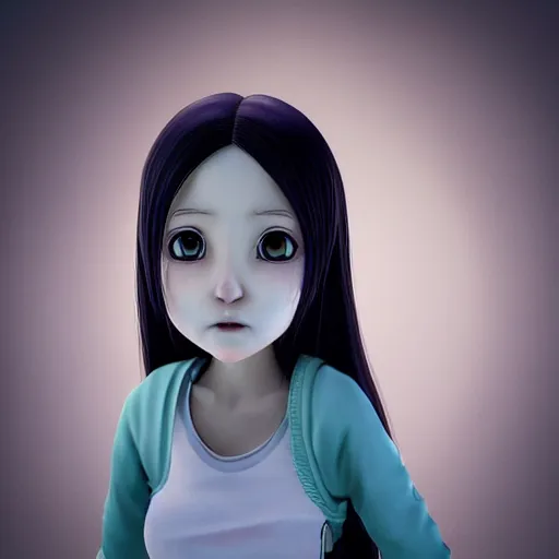 Image similar to Manga cover portrait of an extremely cute and adorable beautiful Samara horror girl from The Ring (2002), 3d render diorama by Hayao Miyazaki, official Studio Ghibli still, color graflex macro photograph, Pixiv, DAZ Studio 3D