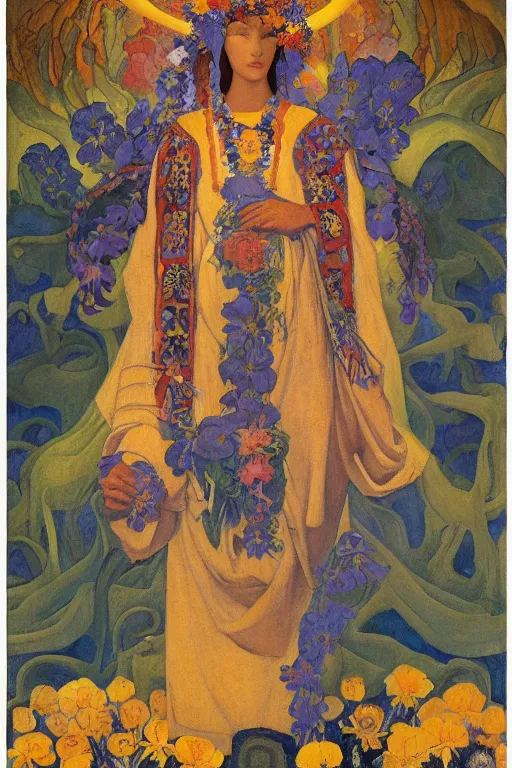 Image similar to queen of flowers, by Nicholas Roerich and Annie Swynnerton and Diego Rivera and jean delville, dramatic cinematic lighting , ornate headdress , flowing robes, sacred artifacts, lost civilizations, smooth, sharp focus, extremely detailed