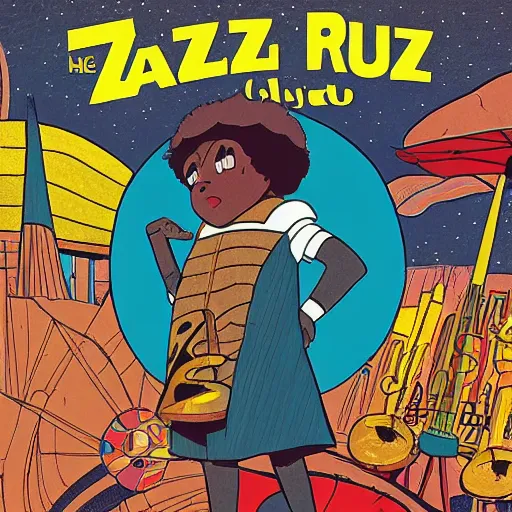 Image similar to jazz album cover from 1961 by Sun Ra in the style of Studio Ghibli and 1960s americana comics, HQ 8k SCAN