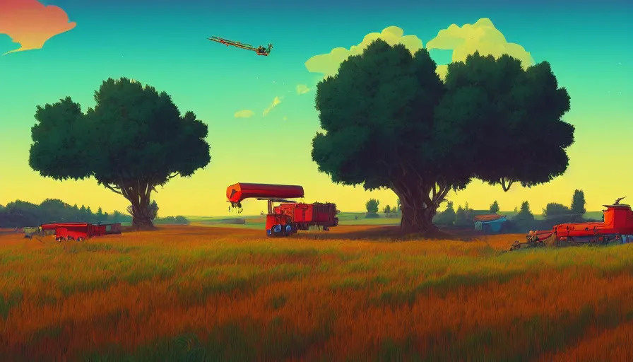 Image similar to colourful sky, wheat field, distant combine harvesters, big trees, matte painting, art station, digital art, simon stalenhag
