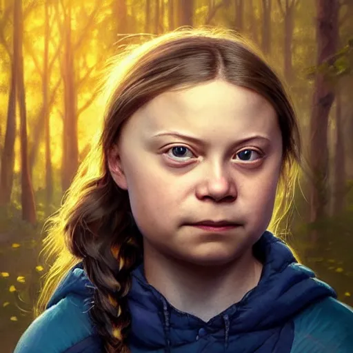 Prompt: portrait of greta thunberg, looking at camera, intricate, extremely detailed, digital painting, artstation, concept art, smooth, ambient lighting, art by artgerm and greg rutkowski and alphonse mucha and simon stalenhag