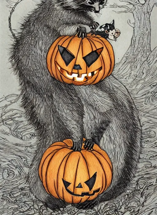 Image similar to halloween pumpkin in the shape of a raccoon by Rebecca Guay art, high quality, highly detailed,