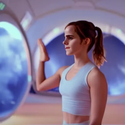 Image similar to emma watson as yoga instructor in space, cinematic shot, magical colors and atmosphere, perfect composition, coherent, super realistic, professional 8 k