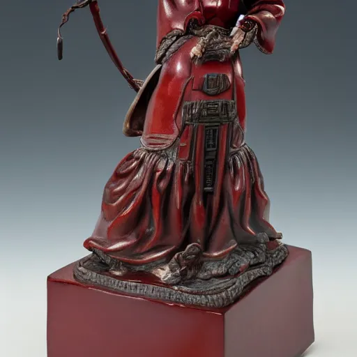 Prompt: museum girl statue monument made from chinese porcelain brush face hand painted with iron red dragons full - length very very detailed by rutkowski