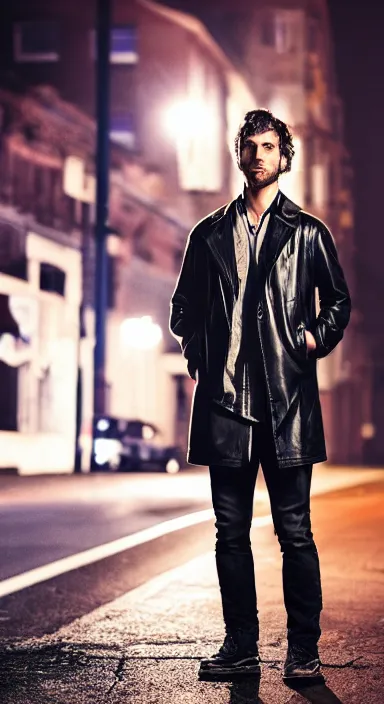 Prompt: Professional full body portrait of a dishevelled young man in a street at night. He is wearing a leather coat and he looks very tired and nervous. 4K, dramatic lighting