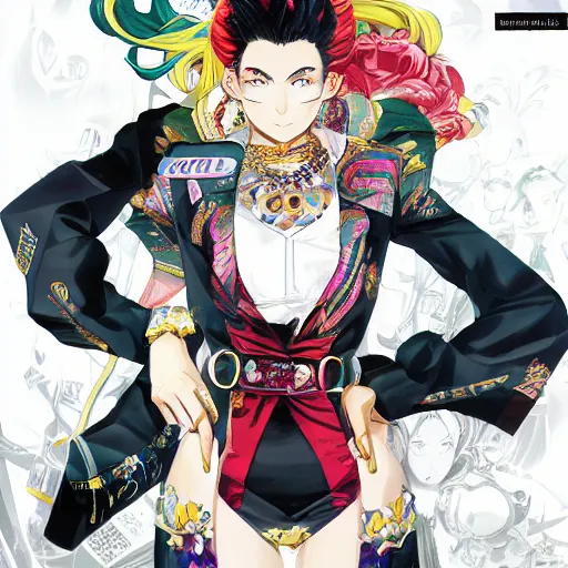 Image similar to Magazine Cover Anime key visual of a Gucci girl; official media; typography; drawn by Hirohiko Araki; Jojo's Bizarre Adventure; Jojolion, portrait, made by Stanley Artgerm Lau, WLOP, Rossdraws, James Jean, Andrei Riabovitchev, Marc Simonetti, Yoshitaka Amano, ArtStation