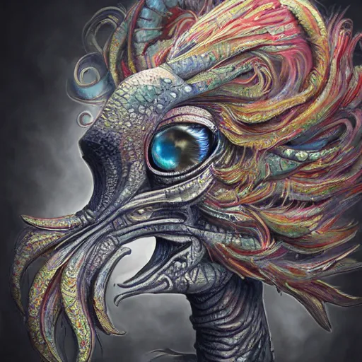 Image similar to a wlop 3 d render of very very very very highly detailed beautiful mystic portrait of a phantom undead rooster with whirling galaxy around, tattoos by anton pieck, intricate, extremely detailed, digital painting, artstation, concept art, smooth, sharp focus, illustration, intimidating lighting, incredible art,