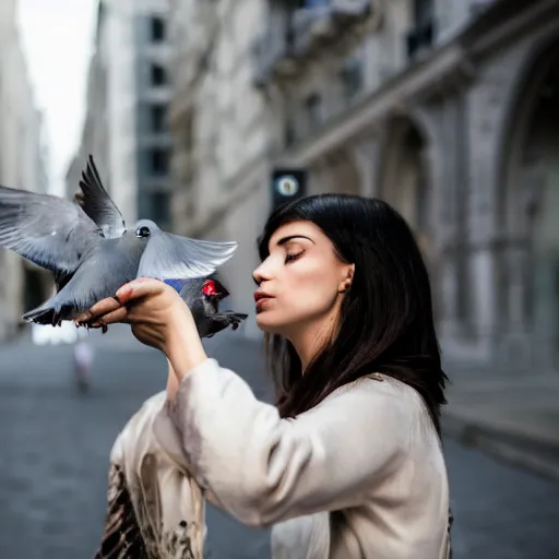 Image similar to portrait of woman who kissing a pigeon, realistic photography