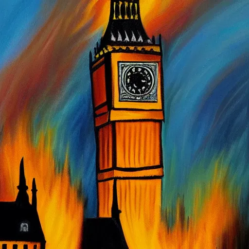 Image similar to detailed, soft, dynamic painting of the Big Ben in flames, burning, arson, professional painting, at dusk