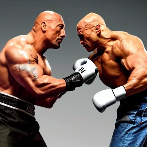 Prompt: Dwayne Johnson punching with a robotic arm