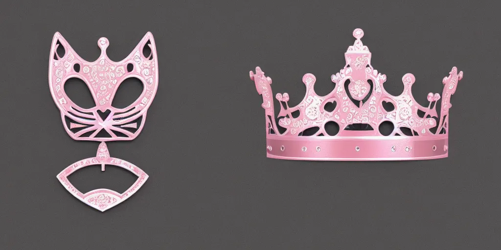 Prompt: made from steel crown is engraved with a single cat face, thin crown, pink color, luxury style, 4 k, realistic render, ultra - detailed, ultra detail