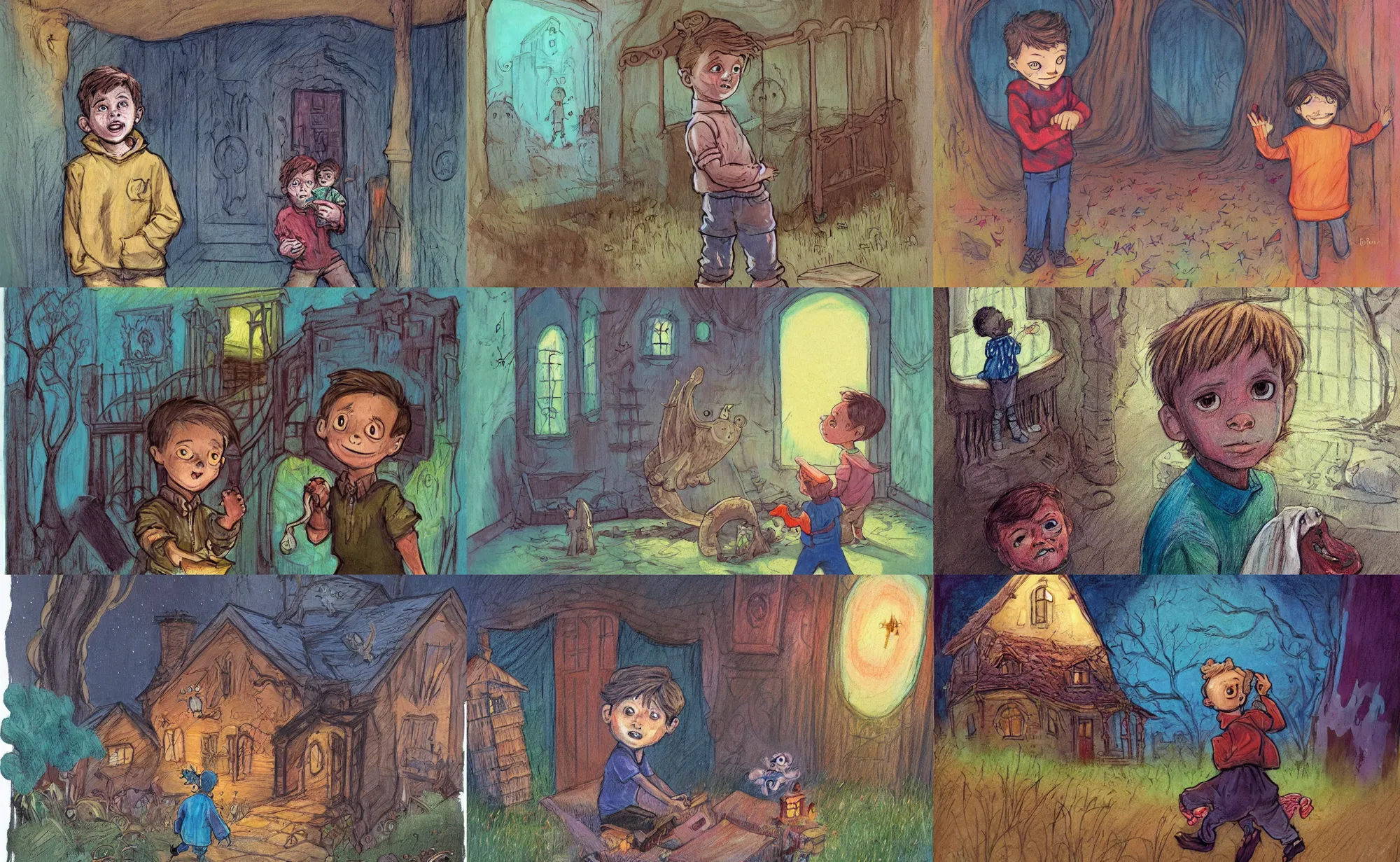 Prompt: children book illustration of boy in haunted house, by beatrice blue, by julia sarda, by loish. classic, guache, crayons, pastels. traditional. low saturation. artstation. behance