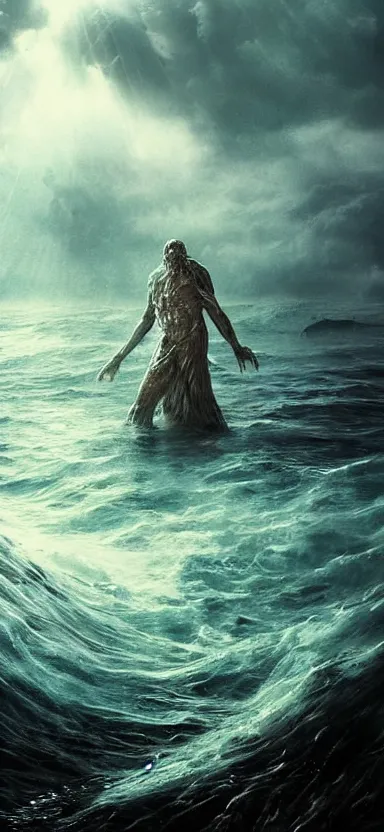Prompt: giant creepy monster made of water, made of liquid, rising up from ocean, water armor, high detail, high contrast, close up portrait, studio lighting, stormy seas, beautiful, bokeh, snowy, storm clouds, god rays, d & d, fantasy, elegant, aquamarine color palette, concept art, roger deakins and greg rutkowski and alphonse mucha
