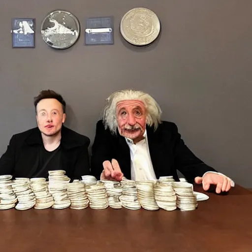 Prompt: photo of elon musk and albert einstein sitting next to each other at a table with a pile of coins