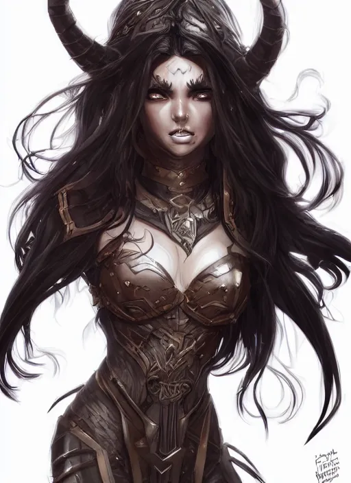 Image similar to beautiful enchantress, black long hair, practical armor, brown skin, demonic eyes, low fantasy, extremely detailed, sharp focus, smooth, digital illustration, by rossdraws, frank franzzeta, sakimichan