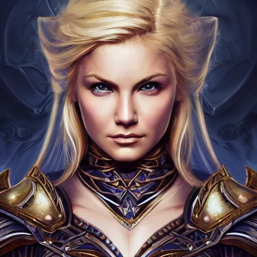 Prompt: head-on centered symmetrical painted portrait, Elisha Cuthbert as a paladin, blonde hair, Brilliant RPG armour, dramatic lighting, intricate, fantasy, intricate, elegant, highly detailed, digital painting, smooth, sharp focus, illustration, dramatic lighting, artstation, in the style of Artgerm and Anna Podedworna