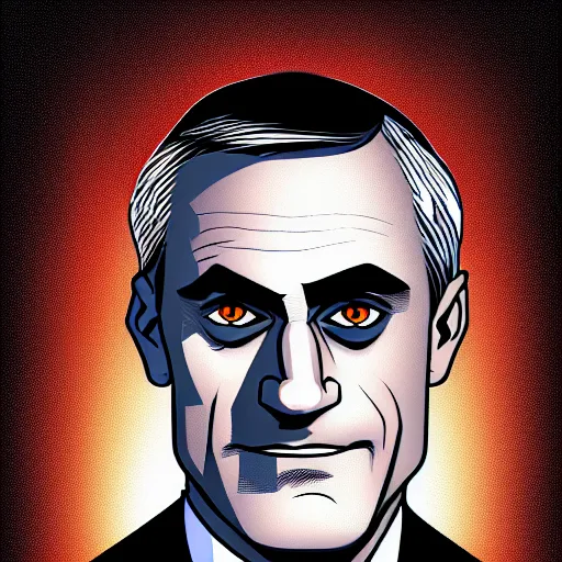 Image similar to digital portrait of secretary of denis mcdonough face with solid glowing eyes, cover art of graphic novel, evil laugh, menacing, Machiavellian puppetmaster, villain, simple style, solid colors, clean lines, clean ink, trending on artstation