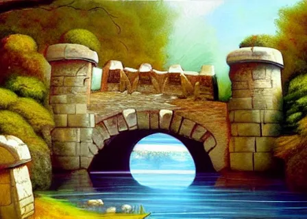 Image similar to modern stylized oil painting of medieval stone bridge, very very very beautiful, funny structure, romanticism by goya, bright art, cinematic dramatic lighting, plants and water