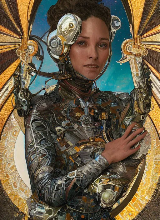 Image similar to portrait of Krys Marshall wearing a space suit, intricate, elegant, highly detailed, centered, digital painting, artstation, concept art, smooth, sharp focus, illustration, art by android jones and donato giancola and alphonse mucha