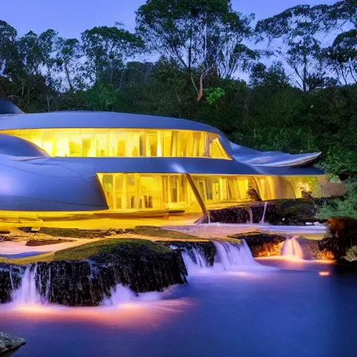 Image similar to a futuristic modern house, on a floating rock island, alien planet covered in water, multiple waterfalls, multiple moons glowing, stars, frank gehry