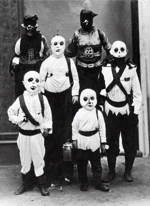 Image similar to photograph from 1903 of Halloween trick or treaters wearing Ghostbusters costumes, highly detailed, vintage film