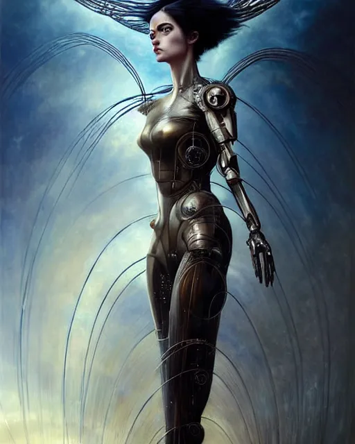 Image similar to karol bak and tom bagshaw and bastien lecouffe - deharme full body character portrait of alita battle angel as galadriel, floating in a powerful zen state, supermodel, beautiful and ominous, wearing combination of mecha and bodysuit made of wires and silk, machinery enveloping nature in the background, scifi character render