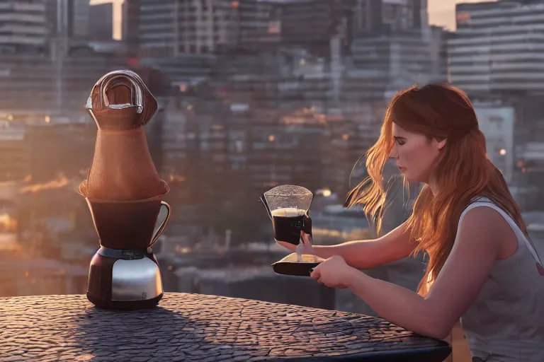 Image similar to hyperrealistic portrait of stunningly beautiful female nordic barista, brewing a V60 coffee outdoor, lit by dawn light, busy city on background, trending on artstation,ultrawide angle, f8 , polarizer , unreal engine