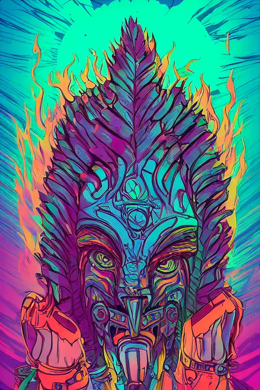 Image similar to totem animal tribal chaman vodoo mask feather gemstone plant wood rock video game illustration vivid color borderlands by josan gonzales and dan mumford radiating a glowing aura