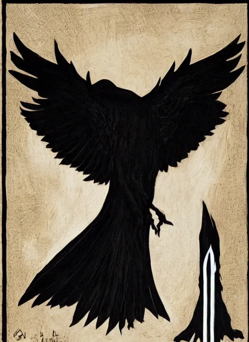 Image similar to portrait centered on a raven in a vantablack cloak and holding a symbolic weapon. painting in the style of symbolism. portrait hung up in a windows 9 8 wallpaper. r / oldschoolfantasy